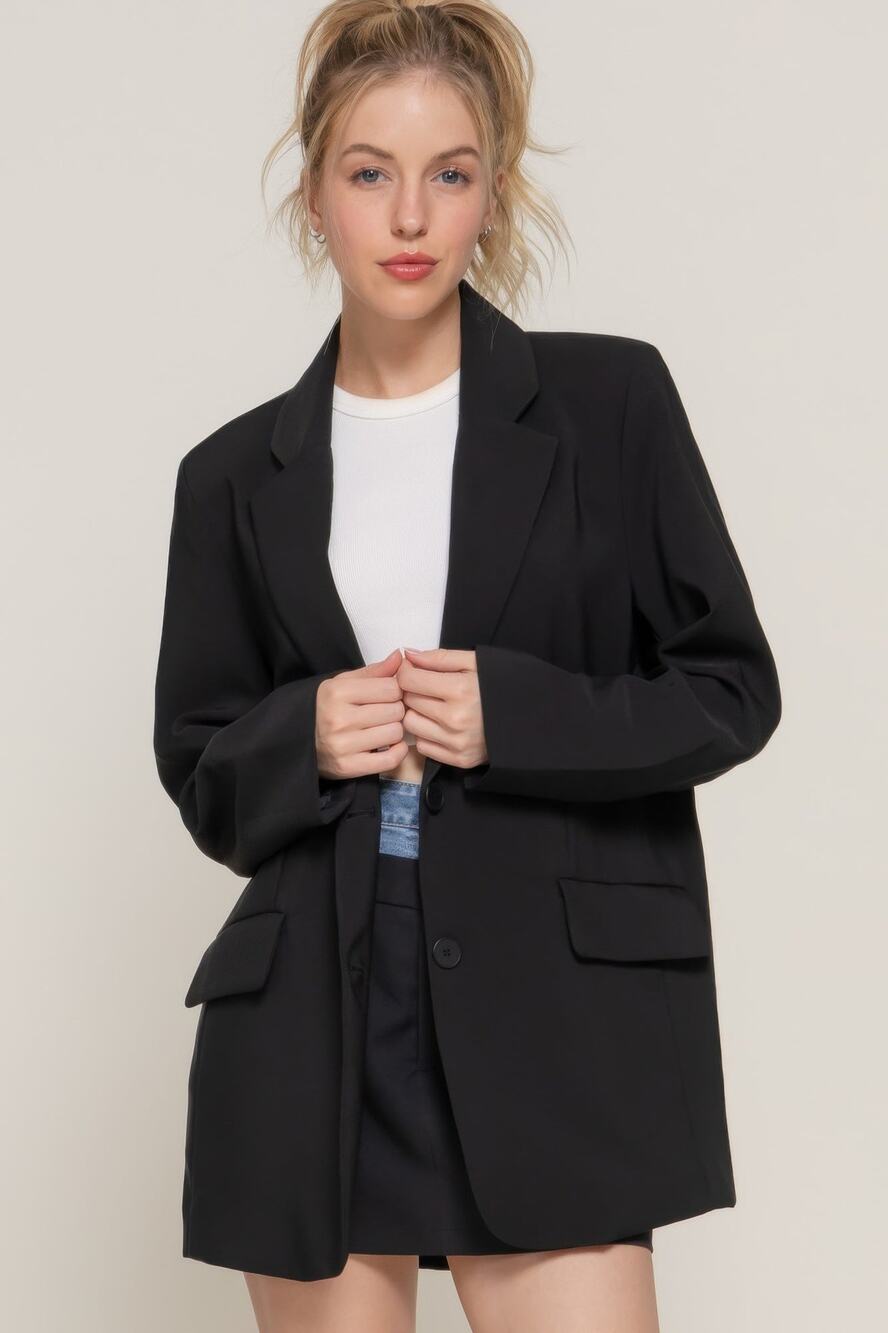 Oversized Front button Closure Blazer in Black Size S